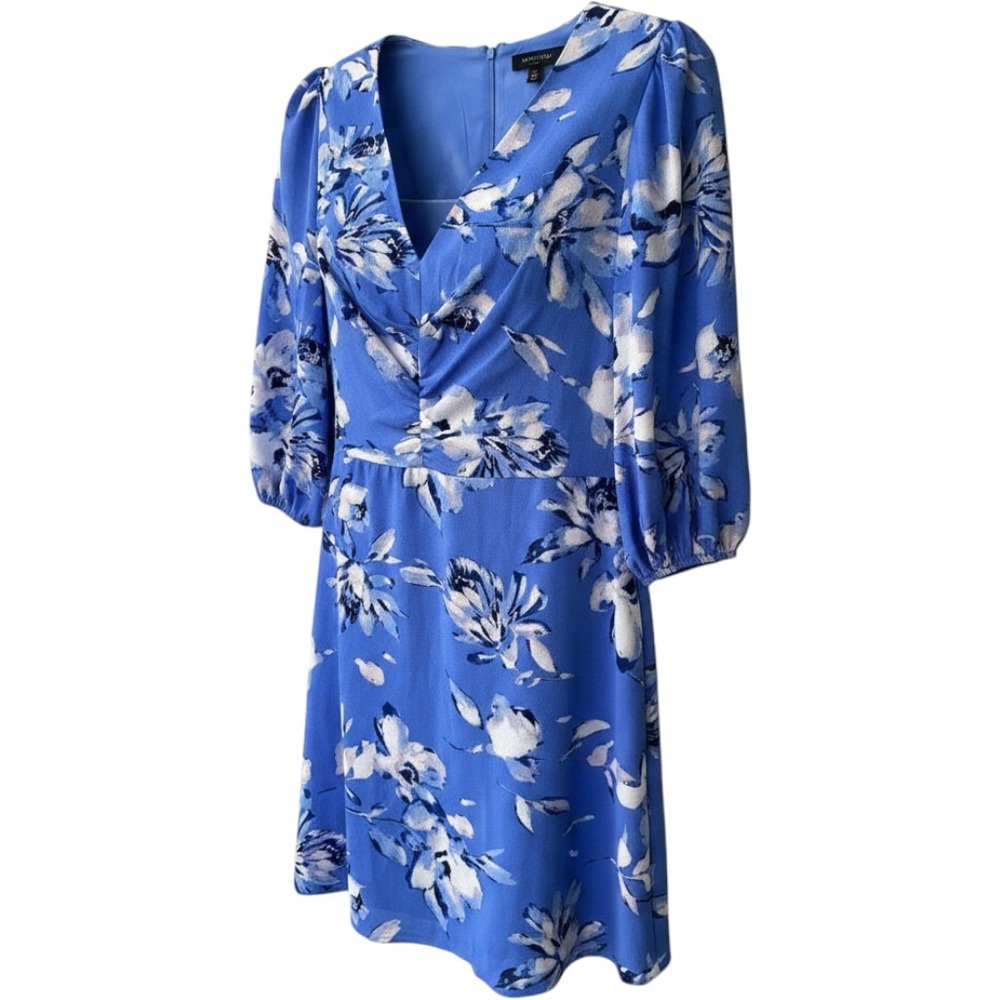 JH Periwinkle Blue Floral A-Line Dress Ruched V-Neck 3/4 Puff Sleeve Women Sz 12